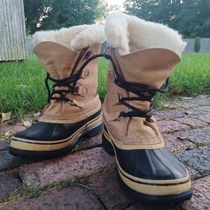 Sorel Caribou brown leather & wool waterproof winter snow boots Mens 6 Womens 8